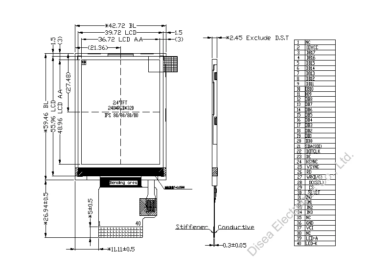 2.4 inch ips panel outline drawing