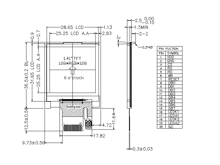 1.44 inch tft lcd outline drawing-DISEA