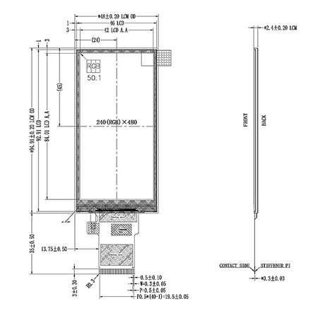 3.6 inch 240x480 Bar Type IPS Sunlight Readable tft lcd display DS