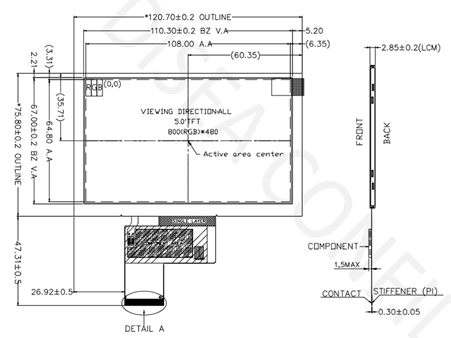 5.0 inch 800x480 IPS TFT LCD display with ST7265 Drive IC and