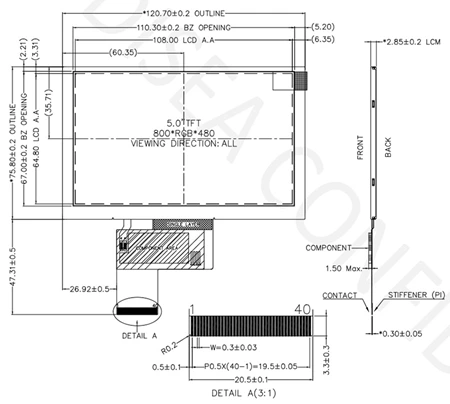 トシページ 5 inch 800×480 1000 nits WVGA TFT LCD Module With IPS Full Viewing